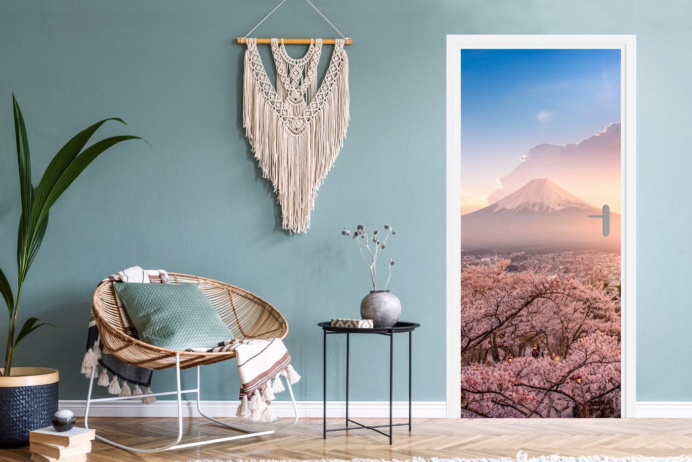MuchoWow Türtapete Pagode - Sakura - Fuji - Blütenzweige - Japan, Matt, bedruckt, (1 St), Selbstklebende Tapete, Folie für Möbel, 75x205 cm