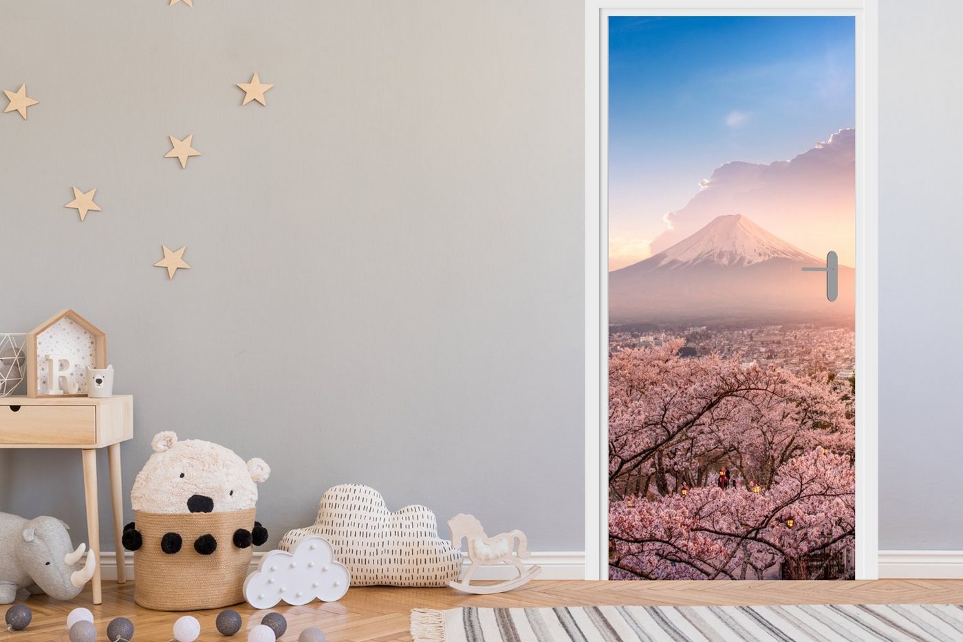 MuchoWow Türtapete Pagode - Sakura - Fuji - Blütenzweige - Japan, Matt, bedruckt, (1 St), Selbstklebende Tapete, Folie für Möbel, 75x205 cm Bild 2