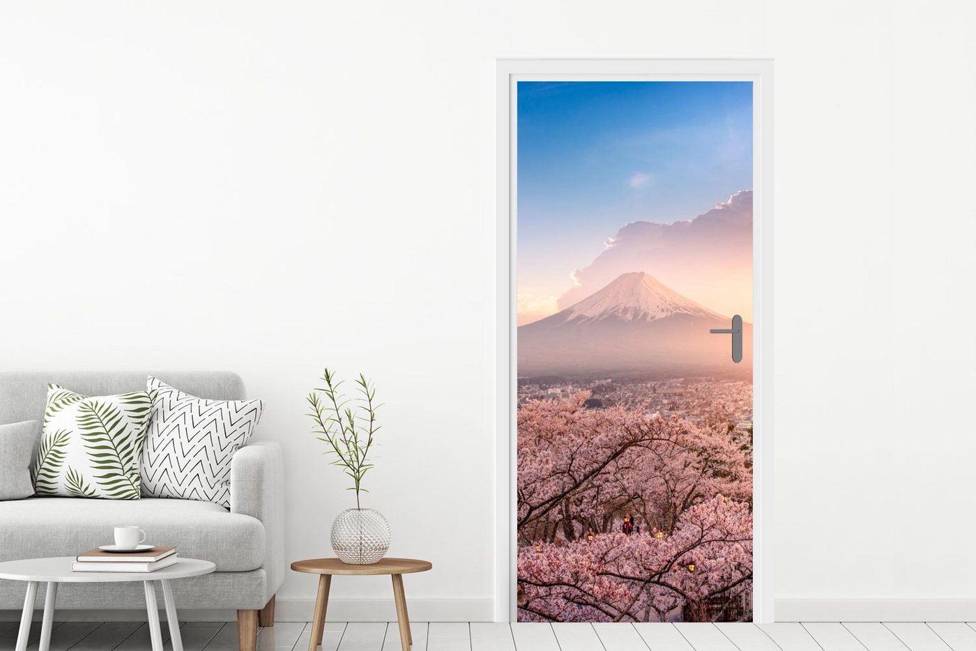 MuchoWow Türtapete Pagode - Sakura - Fuji - Blütenzweige - Japan, Matt, bedruckt, (1 St), Selbstklebende Tapete, Folie für Möbel, 75x205 cm Bild 3