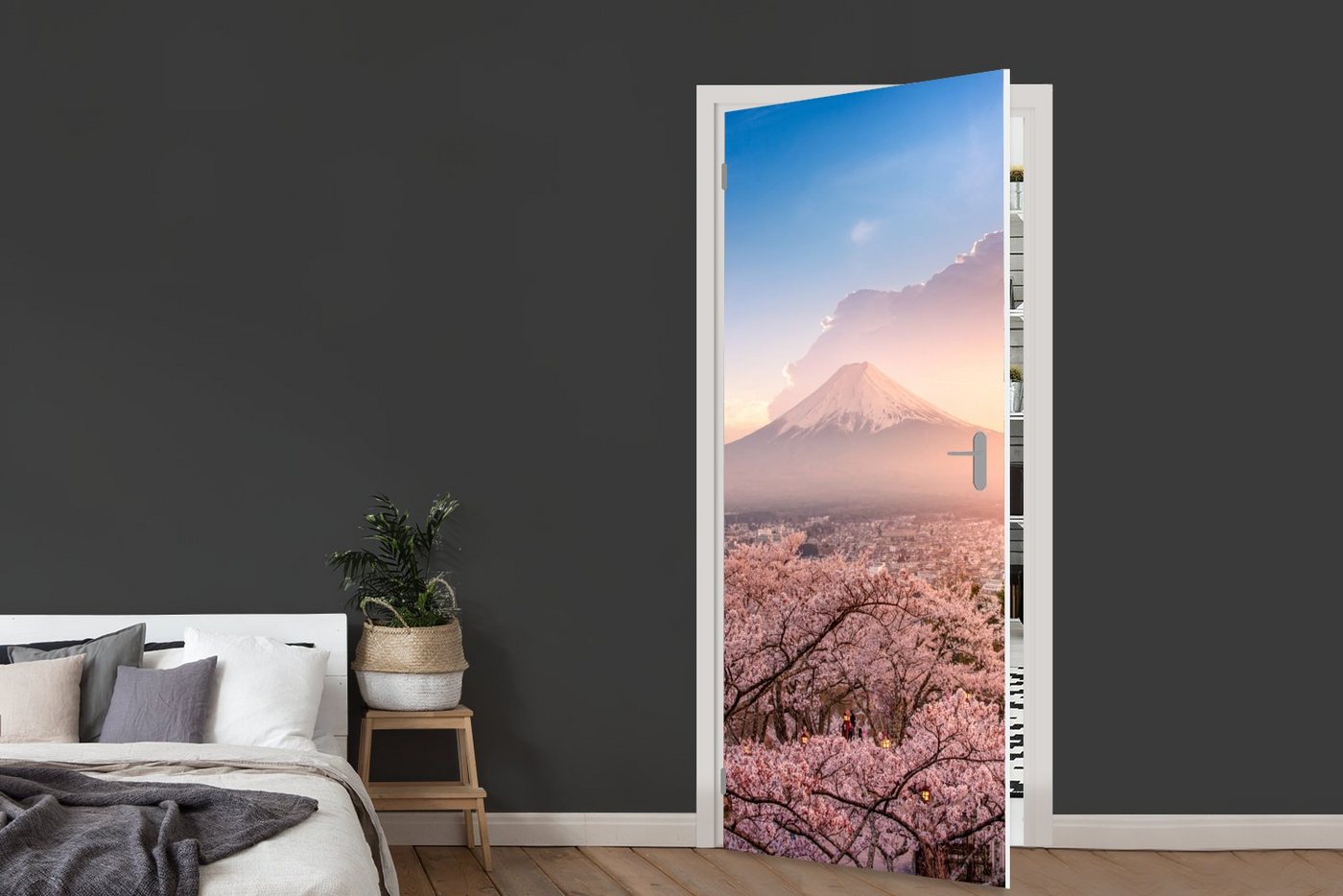 MuchoWow Türtapete Pagode - Sakura - Fuji - Blütenzweige - Japan, Matt, bedruckt, (1 St), Selbstklebende Tapete, Folie für Möbel, 75x205 cm Bild 4