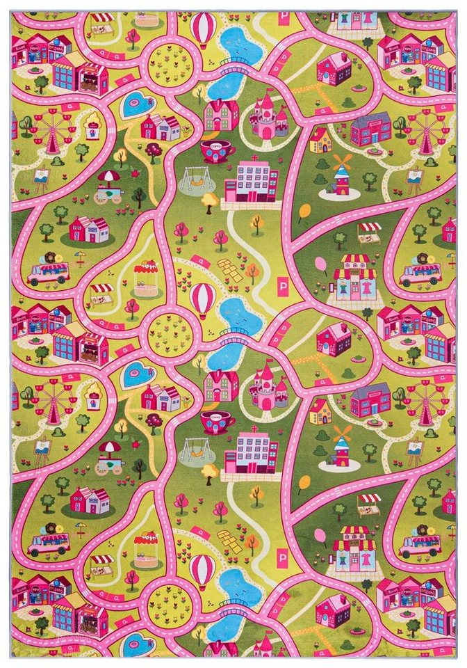 Mazovia Kinderteppich Kinderteppich Spiel Teppich Kinderzimmerteppich Straße Rosa Grün, 80 x 150 cm, Fußbodenheizung, Allergiker geeignet, Rutschfest