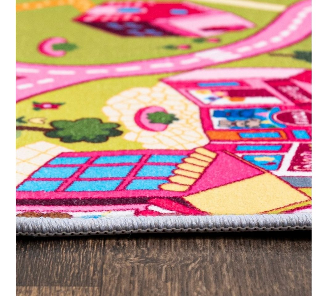 Mazovia Kinderteppich Kinderteppich Spiel Teppich Kinderzimmerteppich Straße Rosa Grün, 80 x 150 cm, Fußbodenheizung, Allergiker geeignet, Rutschfest Bild 2
