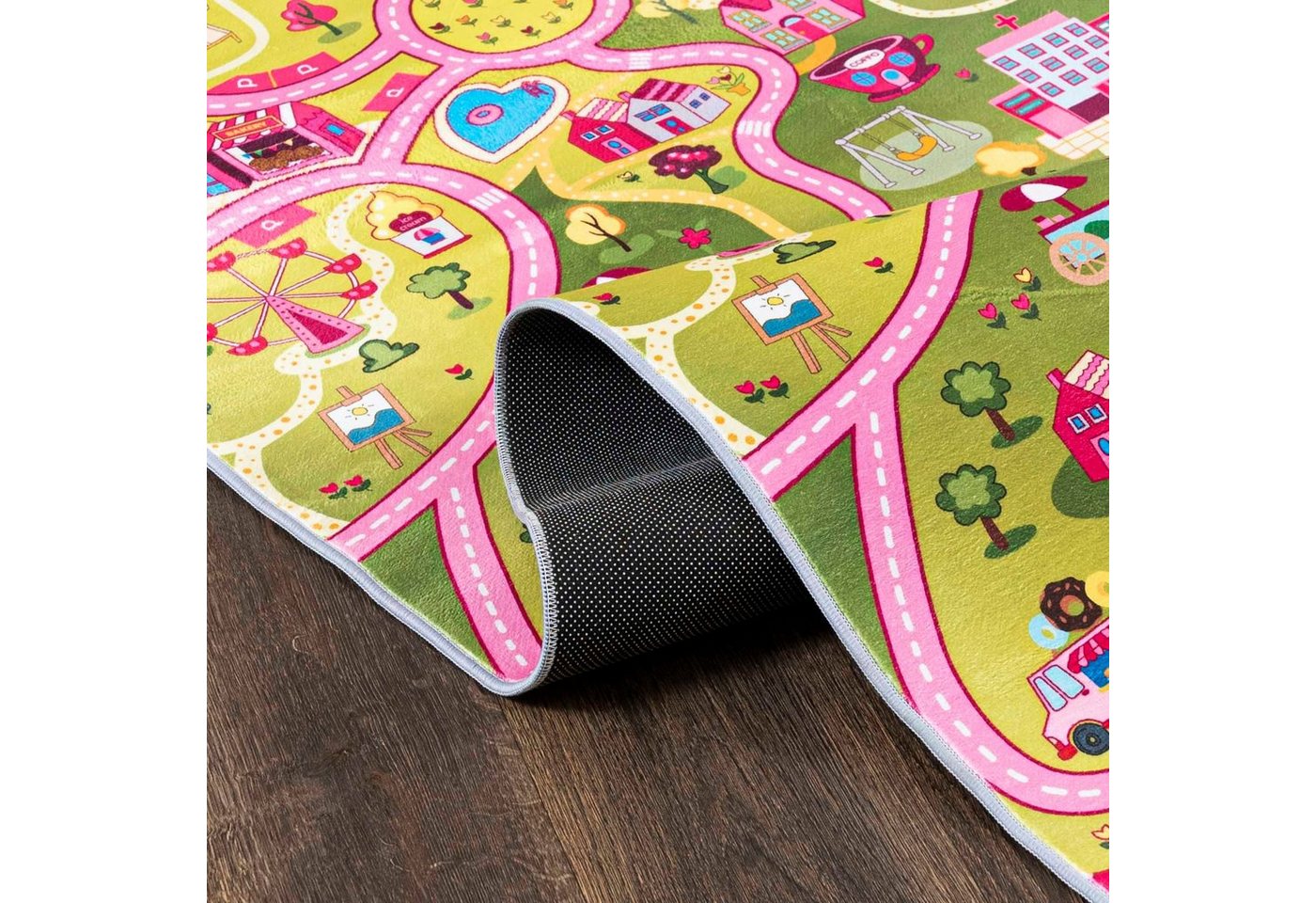Mazovia Kinderteppich Kinderteppich Spiel Teppich Kinderzimmerteppich Straße Rosa Grün, 80 x 150 cm, Fußbodenheizung, Allergiker geeignet, Rutschfest Bild 3