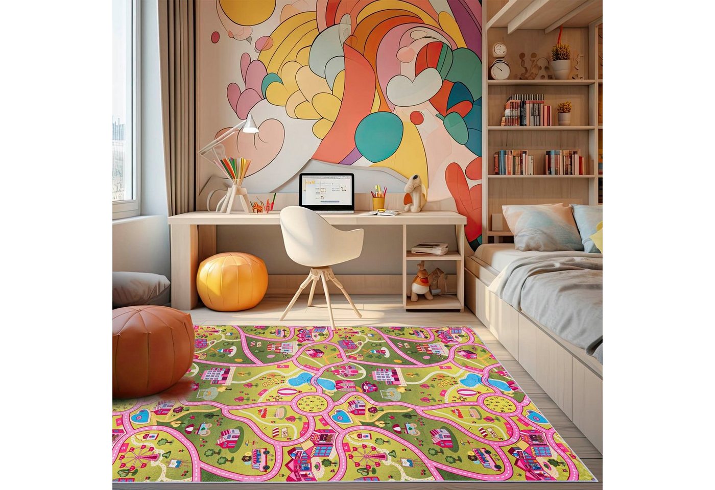 Mazovia Kinderteppich Kinderteppich Spiel Teppich Kinderzimmerteppich Straße Rosa Grün, 80 x 150 cm, Fußbodenheizung, Allergiker geeignet, Rutschfest Bild 4