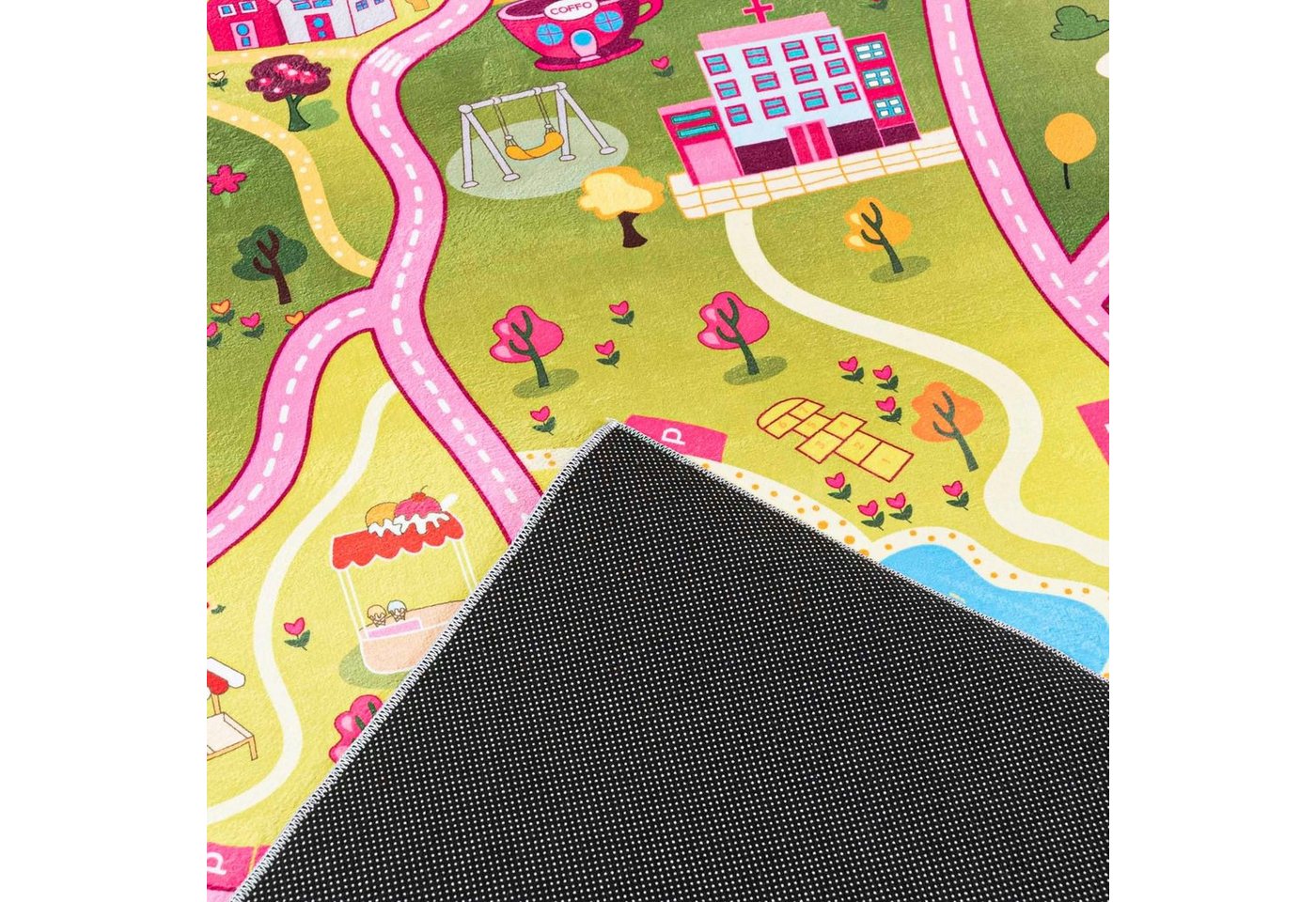 Mazovia Kinderteppich Kinderteppich Spiel Teppich Kinderzimmerteppich Straße Rosa Grün, 80 x 150 cm, Fußbodenheizung, Allergiker geeignet, Rutschfest Bild 5