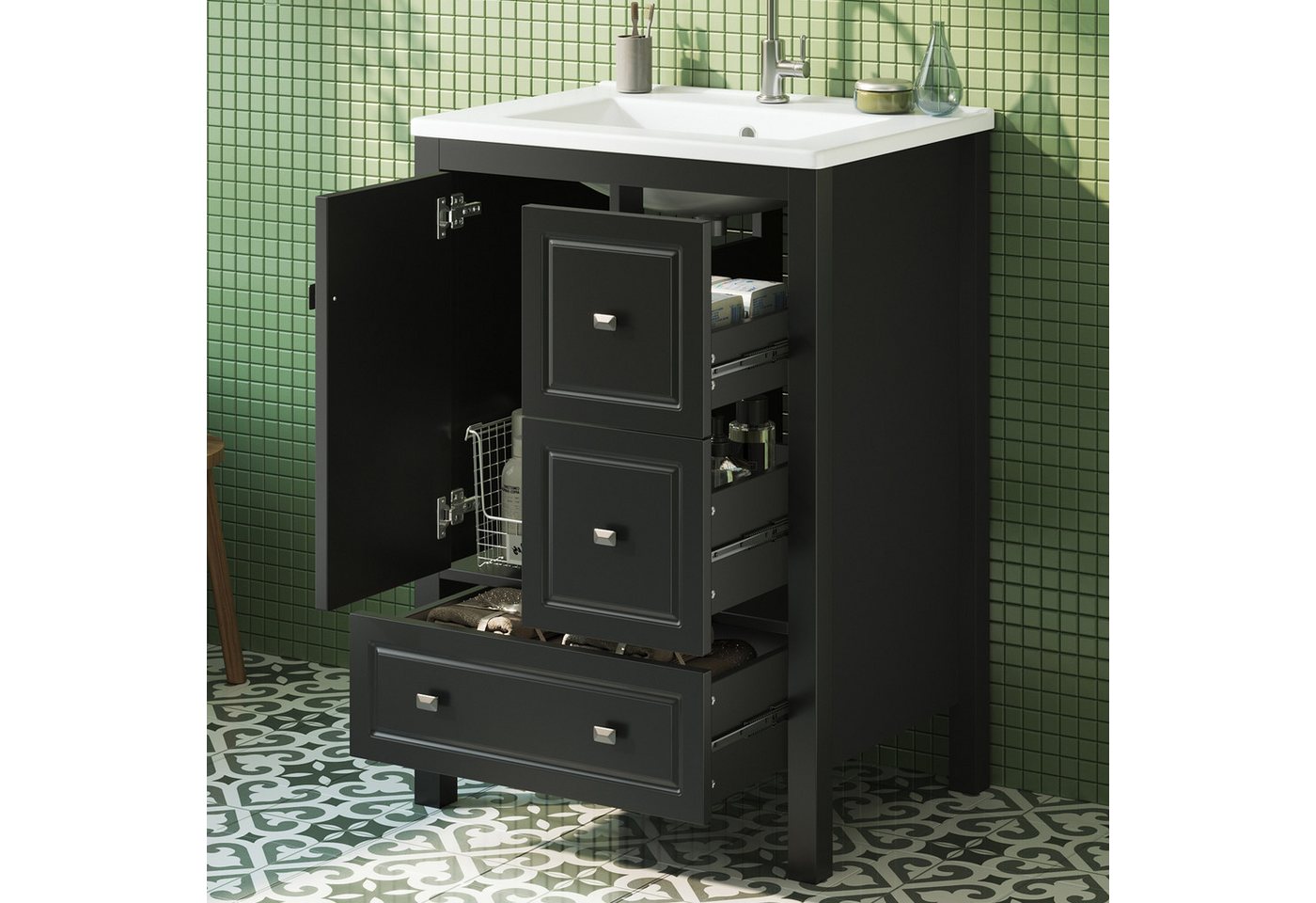 Flieks Waschtisch mit 3 Schubladen, bodenstehend Waschbeckenunterschrank mit Waschbecken (B62/T47/H90 cm, 1-St), Badezimmerschrank mit Keramikbecken Badmöbel Volllackierung Weiß Bild 4