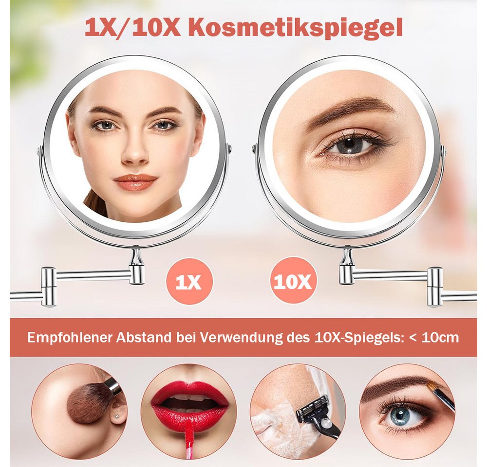 AFKSMILE Kosmetikspiegel Kosmetikspiegel mit Beleuchtung, 1X/10X Vergrößerung Wandmontage (1-St), Wiederaufladbar, 3 Lichtfarben Dimmbar, 360° Schwenkbar Rasierspiegel