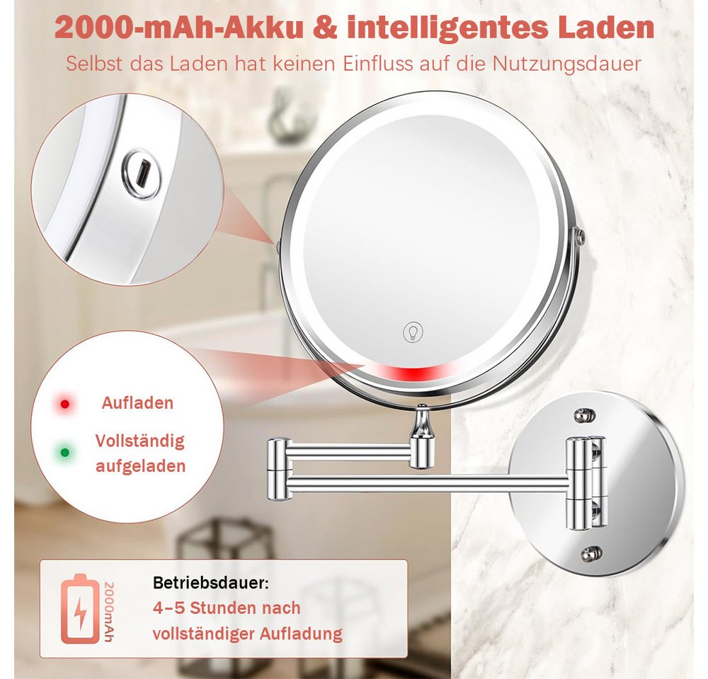 AFKSMILE Kosmetikspiegel Kosmetikspiegel mit Beleuchtung, 1X/10X Vergrößerung Wandmontage (1-St), Wiederaufladbar, 3 Lichtfarben Dimmbar, 360° Schwenkbar Rasierspiegel Bild 2