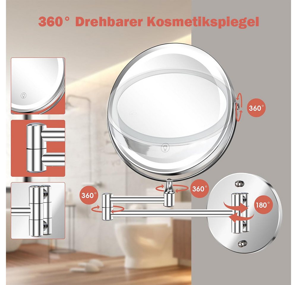 AFKSMILE Kosmetikspiegel Kosmetikspiegel mit Beleuchtung, 1X/10X Vergrößerung Wandmontage (1-St), Wiederaufladbar, 3 Lichtfarben Dimmbar, 360° Schwenkbar Rasierspiegel Bild 3