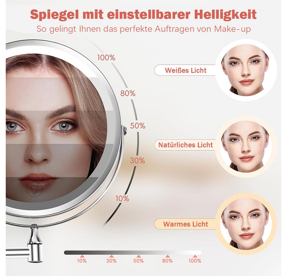 AFKSMILE Kosmetikspiegel Kosmetikspiegel mit Beleuchtung, 1X/10X Vergrößerung Wandmontage (1-St), Wiederaufladbar, 3 Lichtfarben Dimmbar, 360° Schwenkbar Rasierspiegel Bild 4