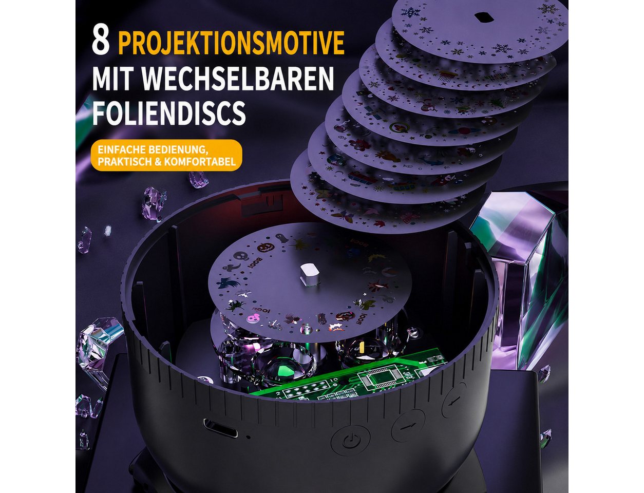 ibettertec Projektionslampe Projektionslampe mit 8 Wechselmotiven, drehbarer Projektion, 2 Geschwindigkeitsstufen, 0,8–3,2 m Projektionsabstand, USB-C, für Kinderzimmer & Schlafzimmer