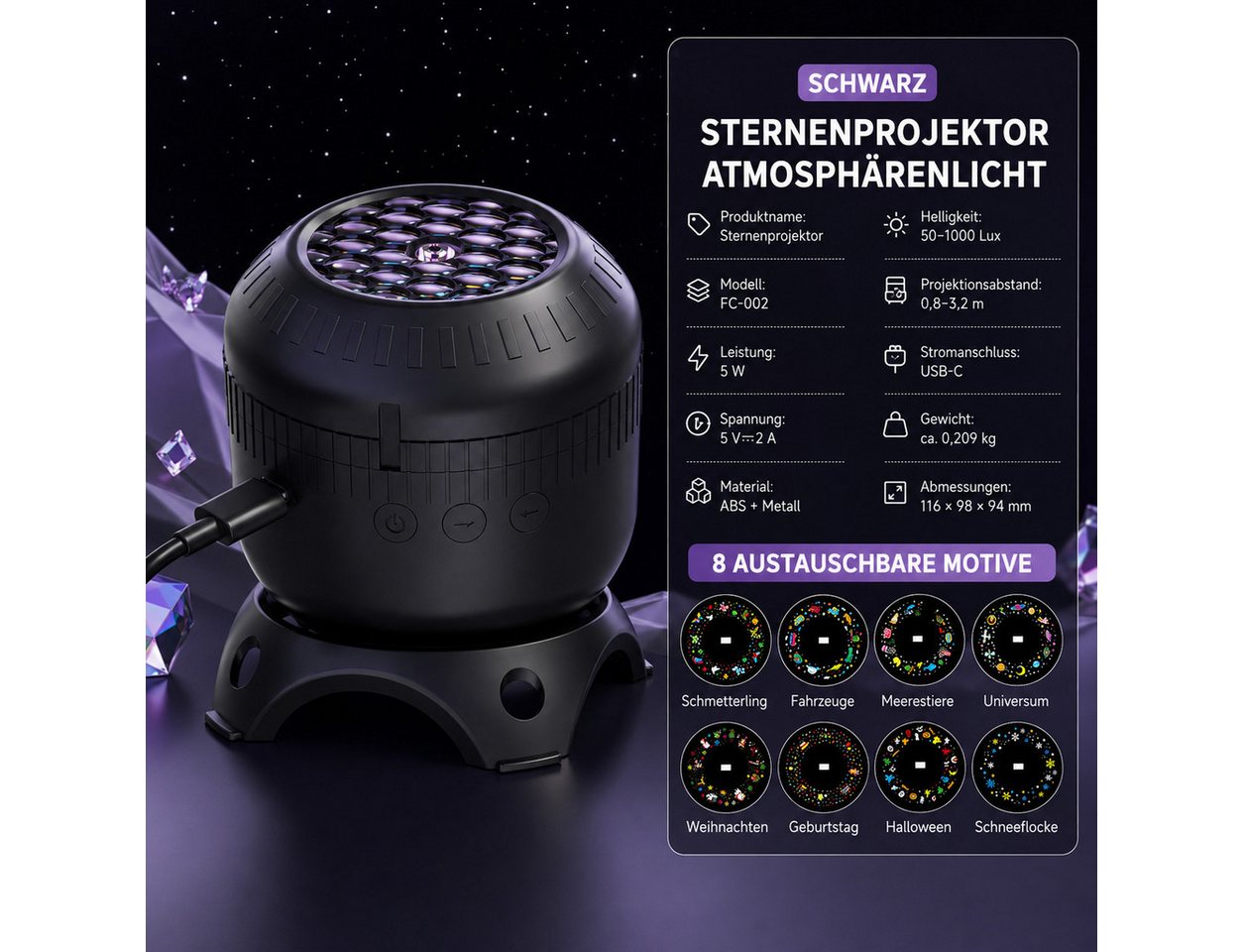 ibettertec Projektionslampe Projektionslampe mit 8 Wechselmotiven, drehbarer Projektion, 2 Geschwindigkeitsstufen, 0,8–3,2 m Projektionsabstand, USB-C, für Kinderzimmer & Schlafzimmer Bild 2