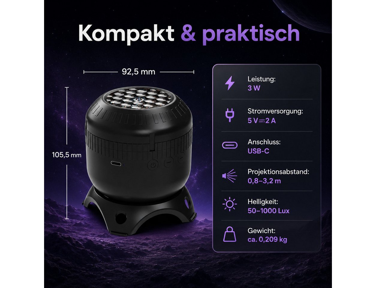 ibettertec Projektionslampe Projektionslampe mit 8 Wechselmotiven, drehbarer Projektion, 2 Geschwindigkeitsstufen, 0,8–3,2 m Projektionsabstand, USB-C, für Kinderzimmer & Schlafzimmer Bild 3