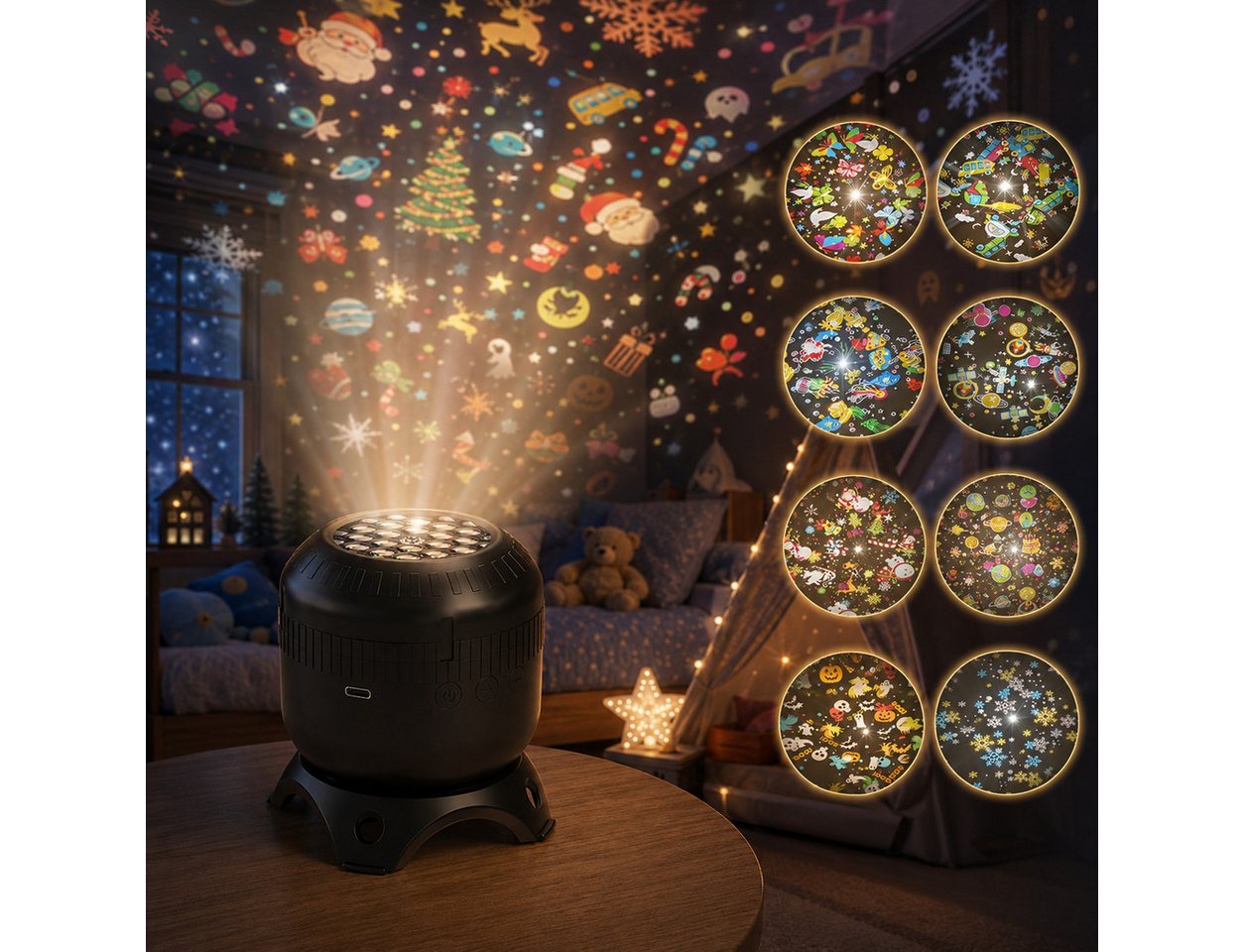 ibettertec Projektionslampe Projektionslampe mit 8 Wechselmotiven, drehbarer Projektion, 2 Geschwindigkeitsstufen, 0,8–3,2 m Projektionsabstand, USB-C, für Kinderzimmer & Schlafzimmer Bild 4