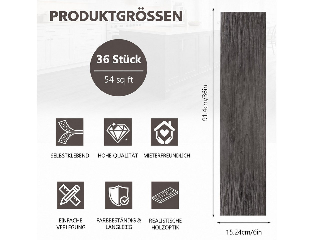 LEMLIT Vinylboden 5m² Vinylboden PVC Bodenbeläge, 36 Stück Selbstklebende Bodenfliesen, fast auf jeder Oberfläche anwendbar, 36 Stück, 36 Dielen, Laminatboden Vinyl Fliesen Klebefliesen Bodenbelag für Wohnzimmer Bild 2