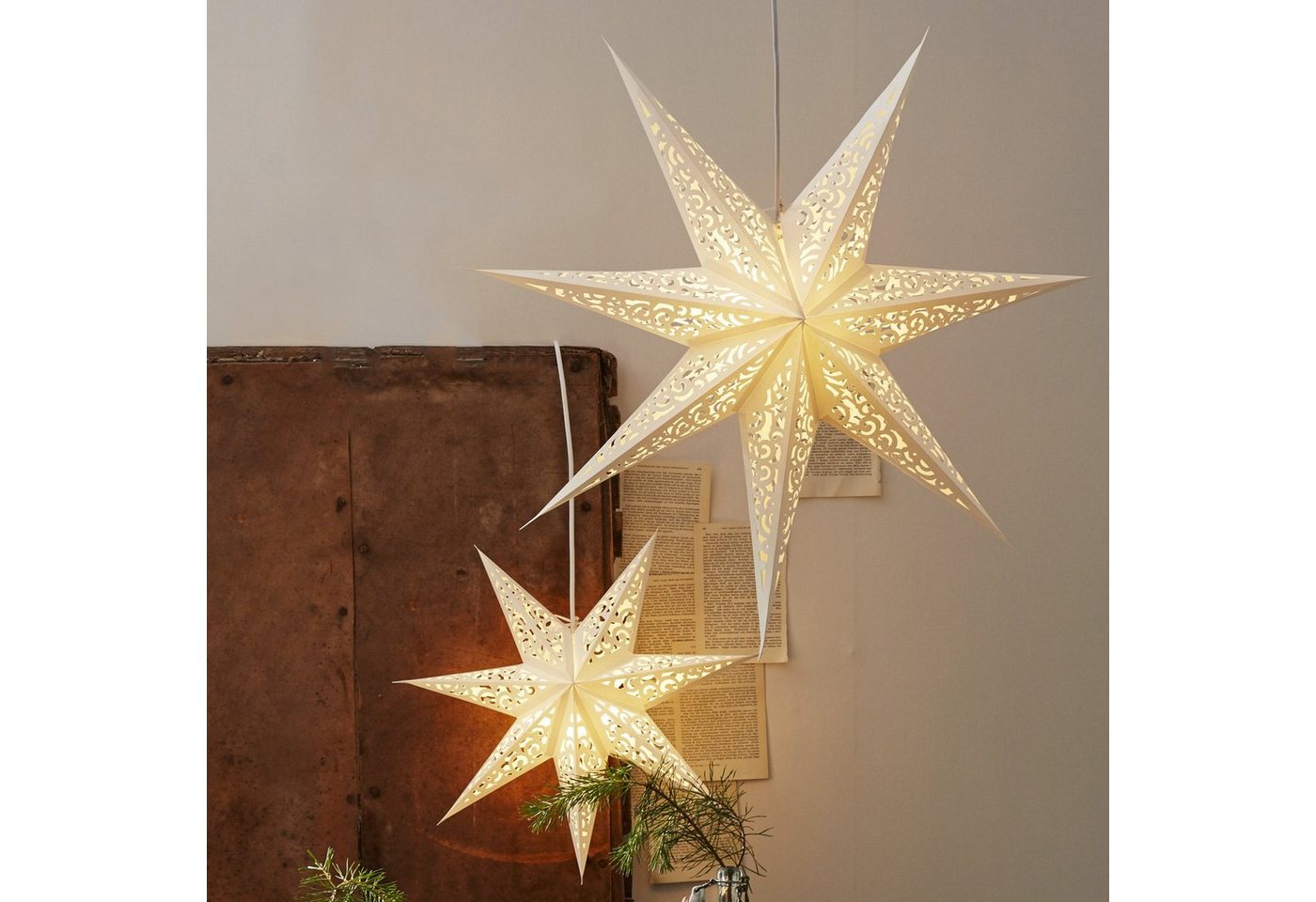 STAR TRADING Papierstern Papierstern Weihnachtsstern Deko Leuchtstern D: 80cm 7-zackig weiß