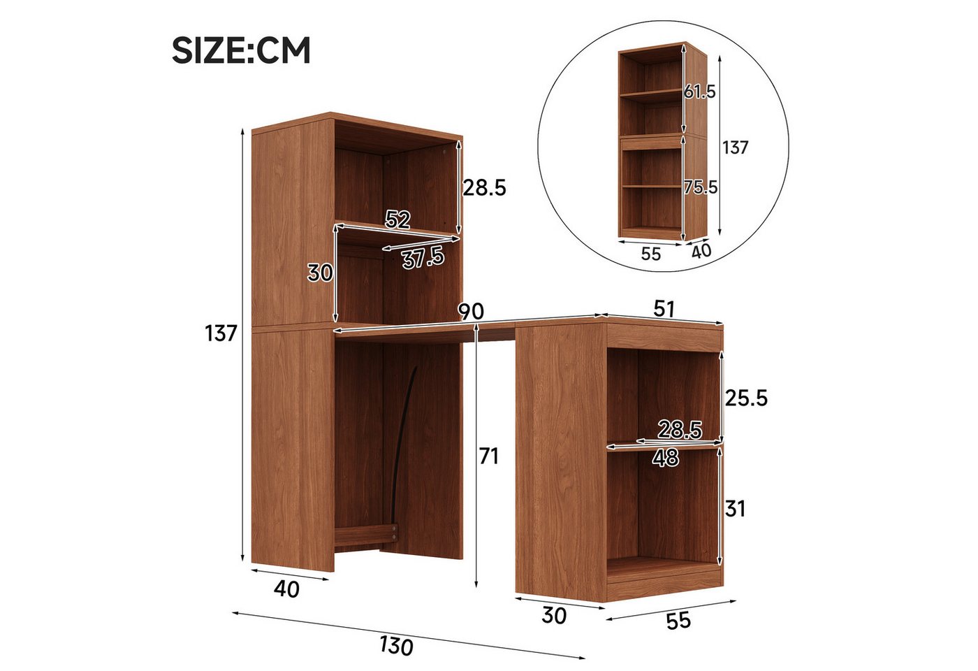 Flieks Regal-Schreibtisch L-Form multifunktionaler Klapptisch mit Rollen&Bücherregal 2-in-1 (Tischplatte: 90x51 cm, Standregal: 55x40x137 cm, Gesamtlänge 130 cm, 1-St., mit verstellbarer Einlegeböden), Computertisch Eckschreibtisch Bürotisch mit Stauraum Walnussholzfarbe