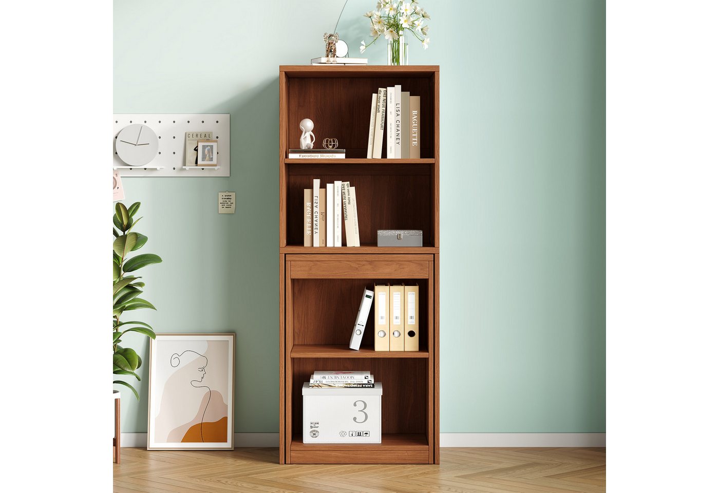 Flieks Regal-Schreibtisch L-Form multifunktionaler Klapptisch mit Rollen&Bücherregal 2-in-1 (Tischplatte: 90x51 cm, Standregal: 55x40x137 cm, Gesamtlänge 130 cm, 1-St., mit verstellbarer Einlegeböden), Computertisch Eckschreibtisch Bürotisch mit Stauraum Walnussholzfarbe Bild 2