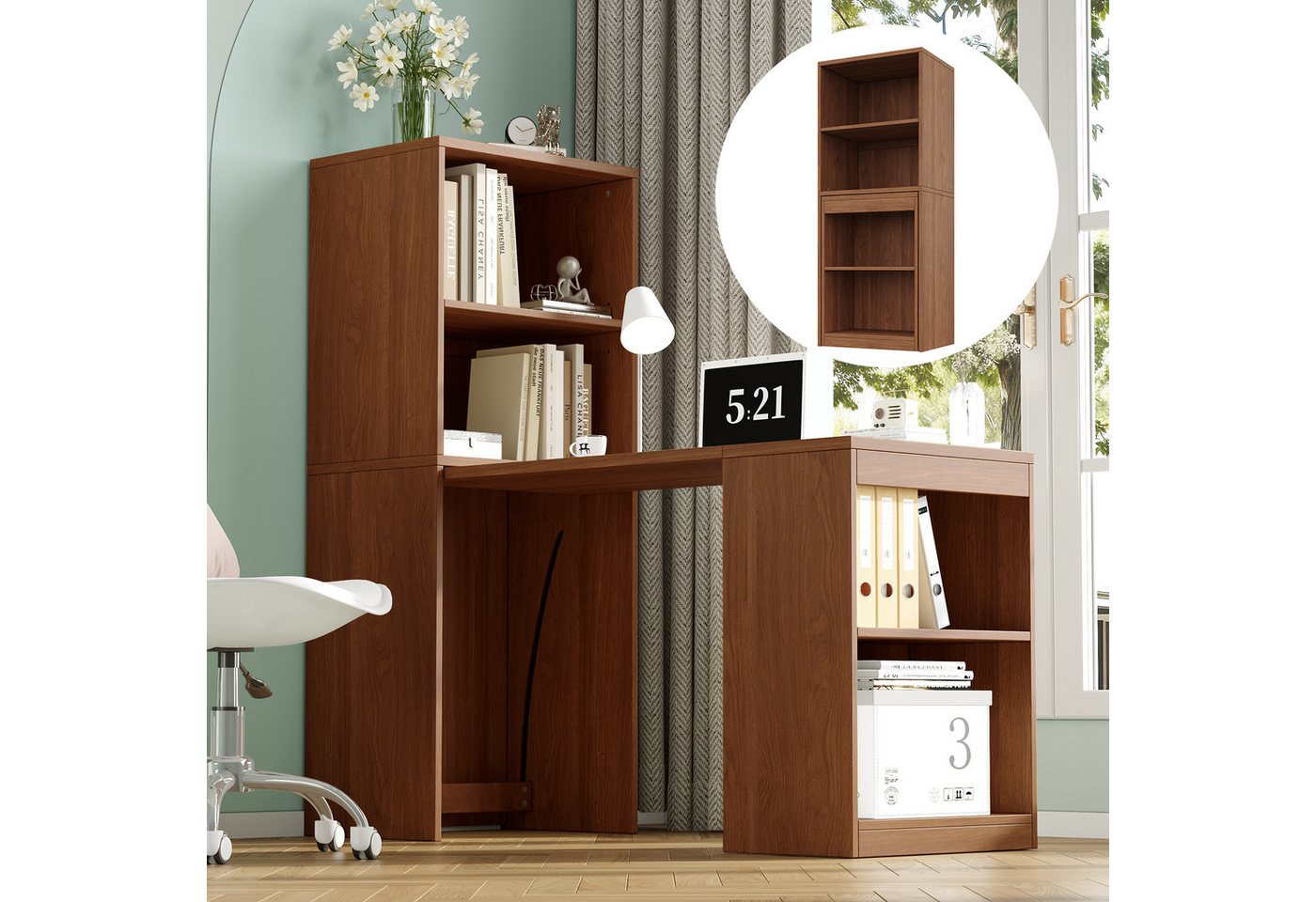 Flieks Regal-Schreibtisch L-Form multifunktionaler Klapptisch mit Rollen&Bücherregal 2-in-1 (Tischplatte: 90x51 cm, Standregal: 55x40x137 cm, Gesamtlänge 130 cm, 1-St., mit verstellbarer Einlegeböden), Computertisch Eckschreibtisch Bürotisch mit Stauraum Walnussholzfarbe Bild 4