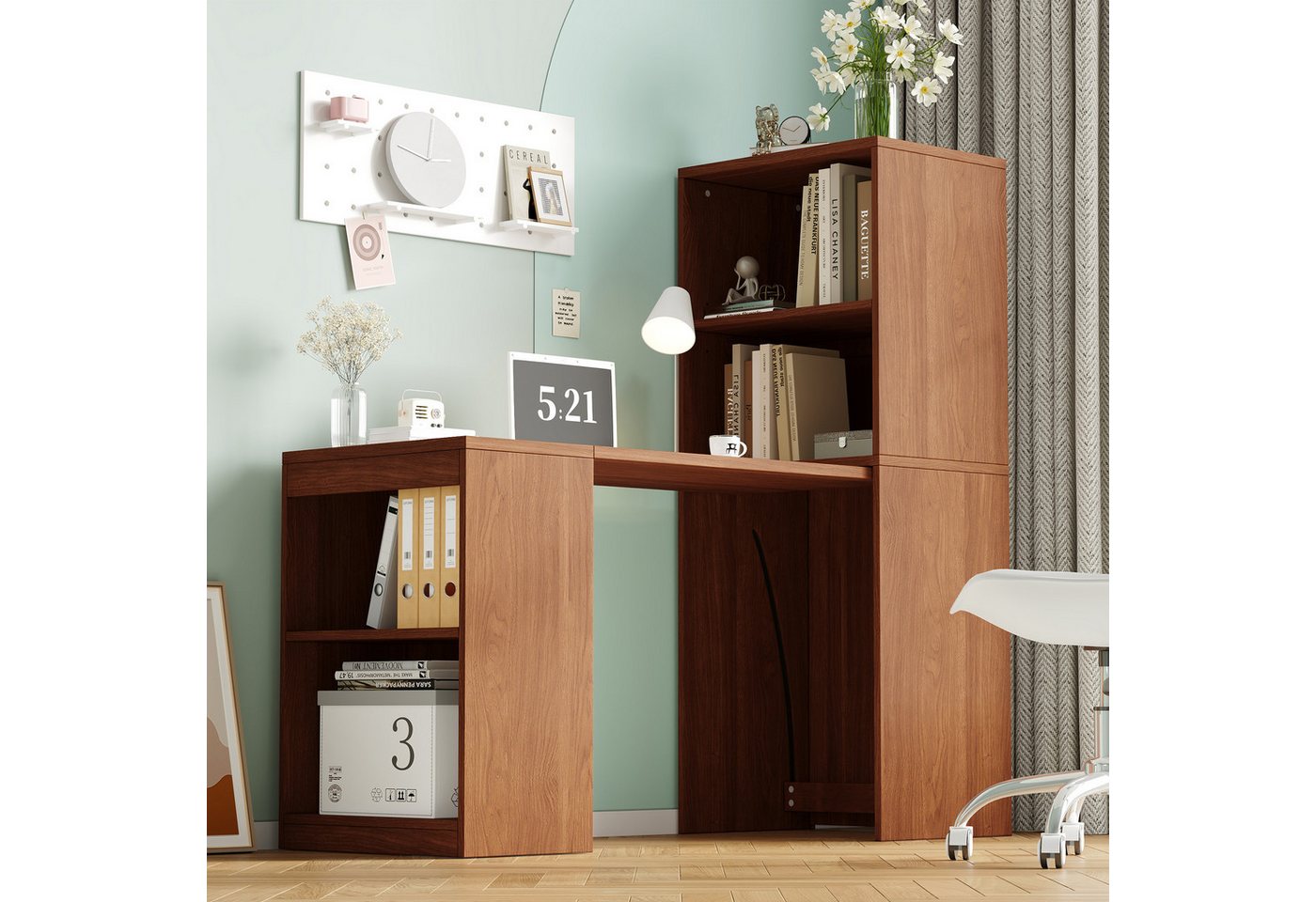 Flieks Regal-Schreibtisch L-Form multifunktionaler Klapptisch mit Rollen&Bücherregal 2-in-1 (Tischplatte: 90x51 cm, Standregal: 55x40x137 cm, Gesamtlänge 130 cm, 1-St., mit verstellbarer Einlegeböden), Computertisch Eckschreibtisch Bürotisch mit Stauraum Walnussholzfarbe Bild 5