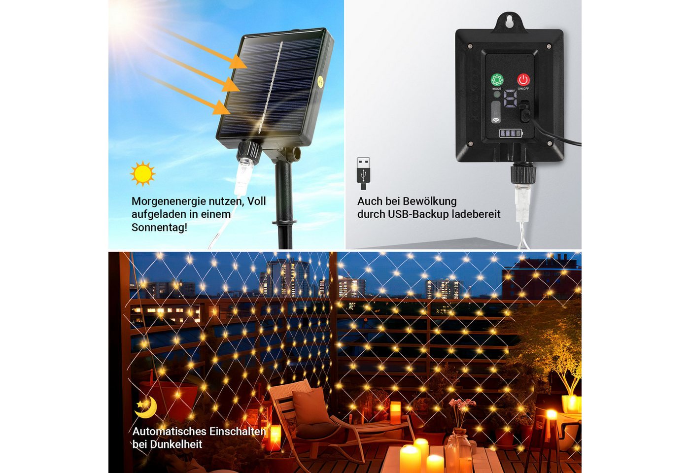 Clanmacy LED-Lichternetz Solar Lichternetz Lichtervorhang 8 Modi-Speicherfunktion IP44 Party Bild 2