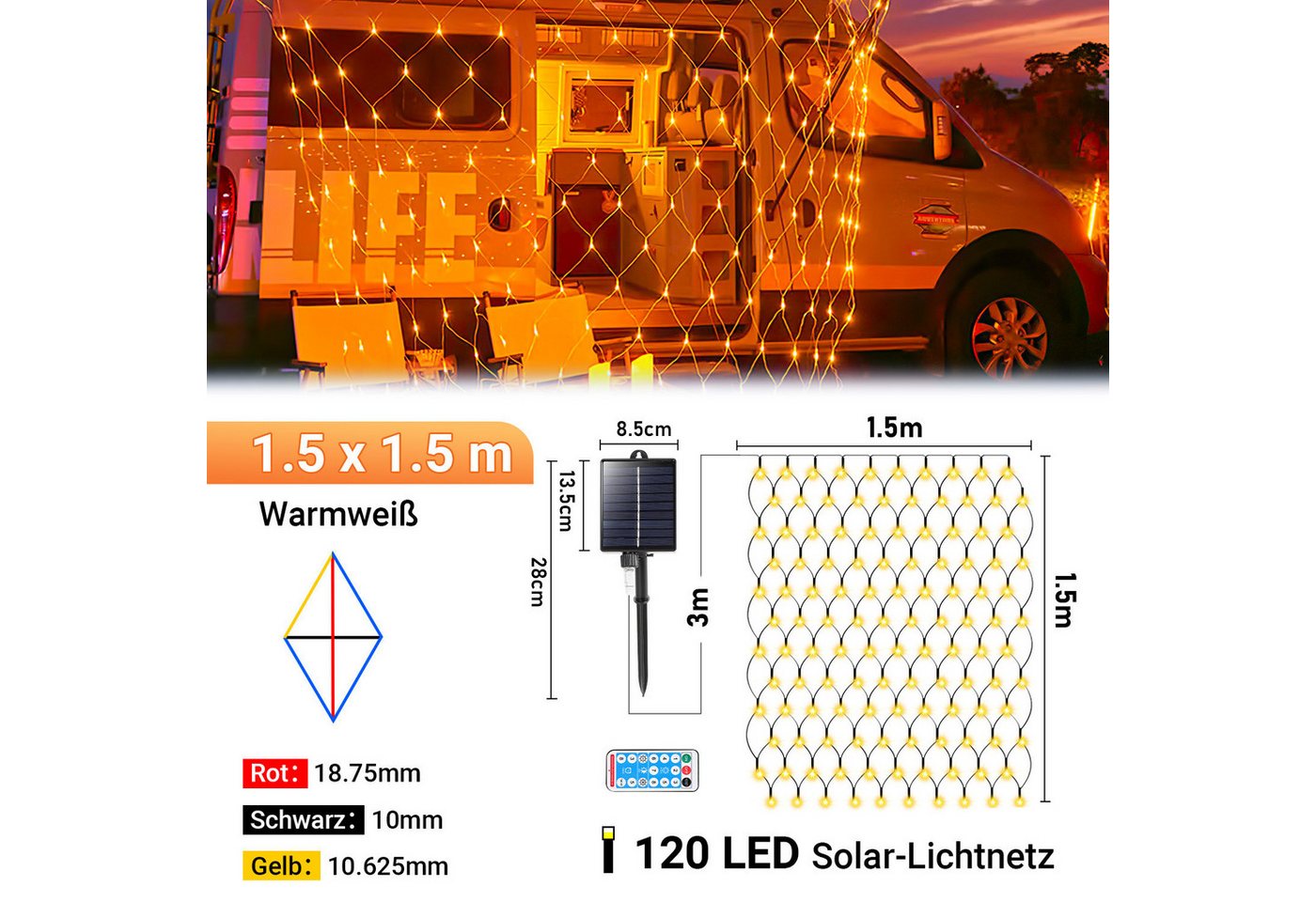 Clanmacy LED-Lichternetz Solar Lichternetz Lichtervorhang 8 Modi-Speicherfunktion IP44 Party Bild 3