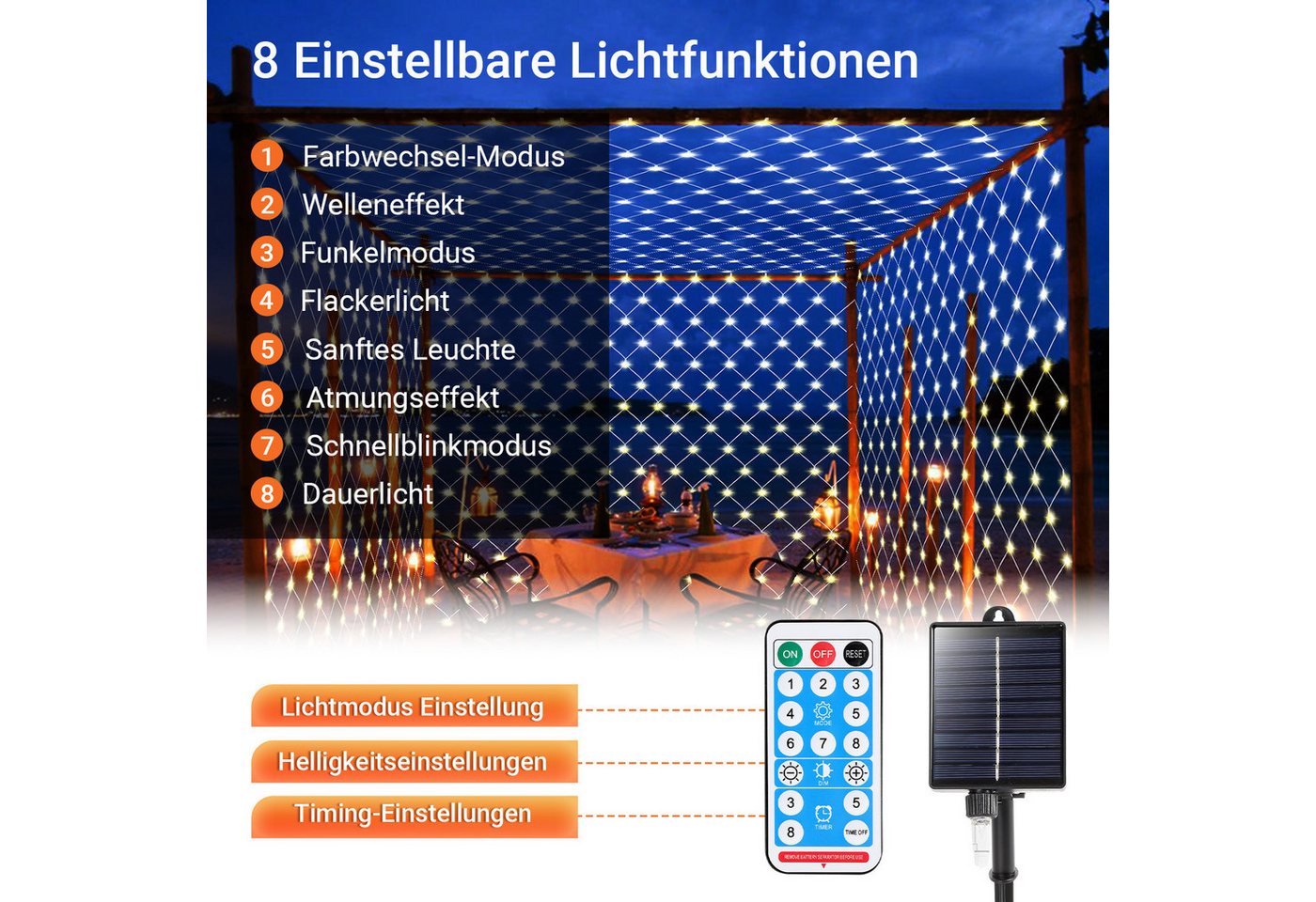 Clanmacy LED-Lichternetz Solar Lichternetz Lichtervorhang 8 Modi-Speicherfunktion IP44 Party Bild 4