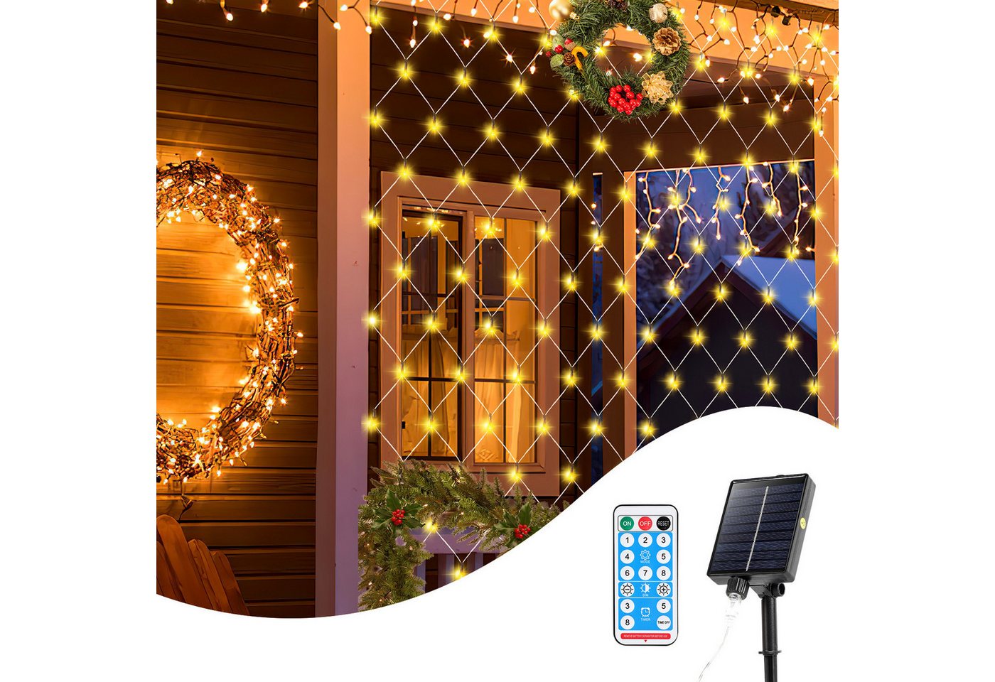 Clanmacy LED-Lichternetz Solar Lichternetz Lichtervorhang 8 Modi-Speicherfunktion IP44 Party Bild 5