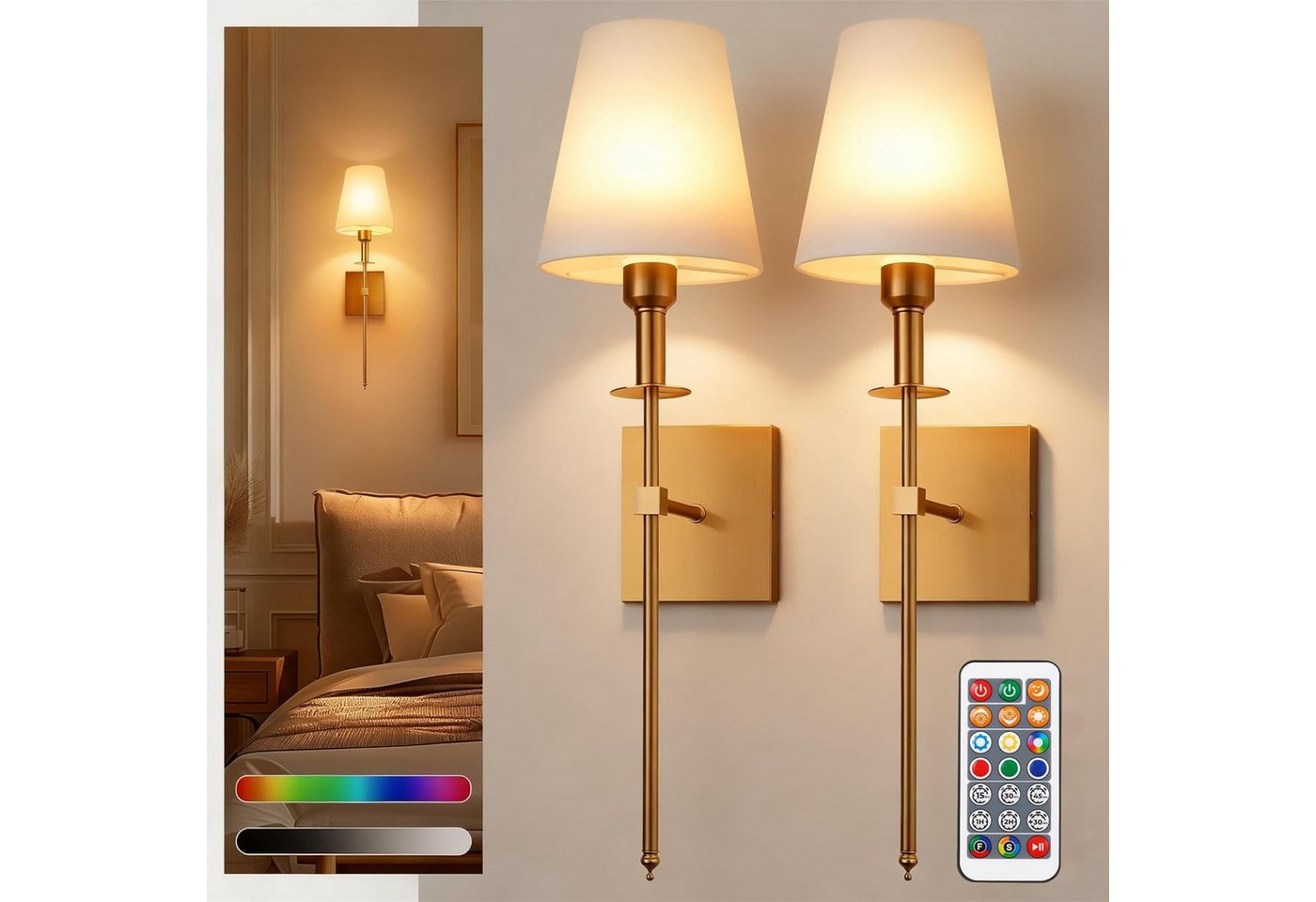LOHAS-LED Wandleuchte Stoff Stimmungslicht „Aura“ – Kabellose Akku-Wandleuchte, LED wechselbar, RGBCW, 9 Farbtemperatur-Modi, 7 bunte RGB-Farben, dimmbar mit Fernbedienung, 2er-Set mit Kupfergestell Bild 2