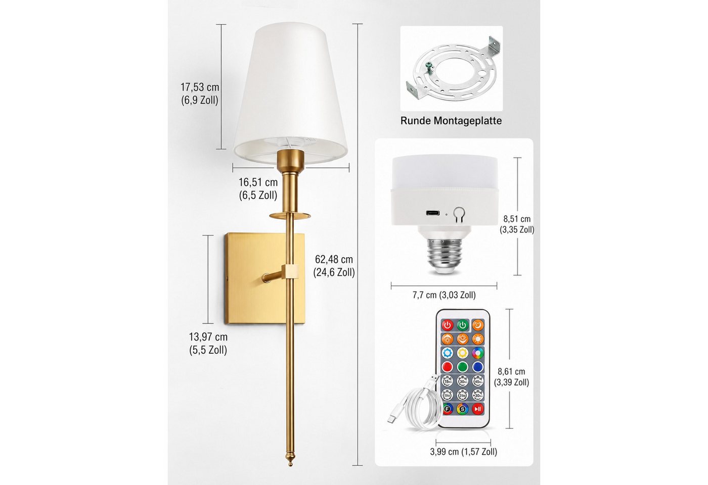 LOHAS-LED Wandleuchte Stoff Stimmungslicht „Aura“ – Kabellose Akku-Wandleuchte, LED wechselbar, RGBCW, 9 Farbtemperatur-Modi, 7 bunte RGB-Farben, dimmbar mit Fernbedienung, 2er-Set mit Kupfergestell Bild 4