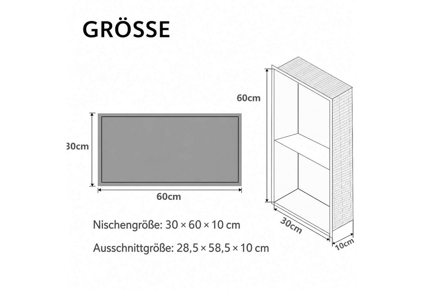 SaniteModar Duschwand Wandnische Dusche aus Edelstahl, Einbaunische für Badezimmer, Edelstahl, (1 tlg), Duschnische 30 × 60 × 10 cm, horizontal & vertikal montierbar Bild 2
