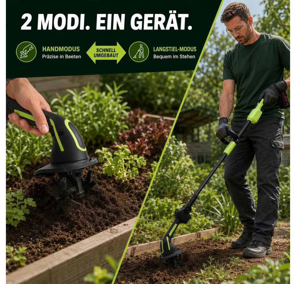 ANTCOOL Akku-Motorhacke Akku-Bodenfräse 2-in-1, 100mm, 235 U/min, 2 Stangen, 2 Akkus+Ladegerät Bild 3