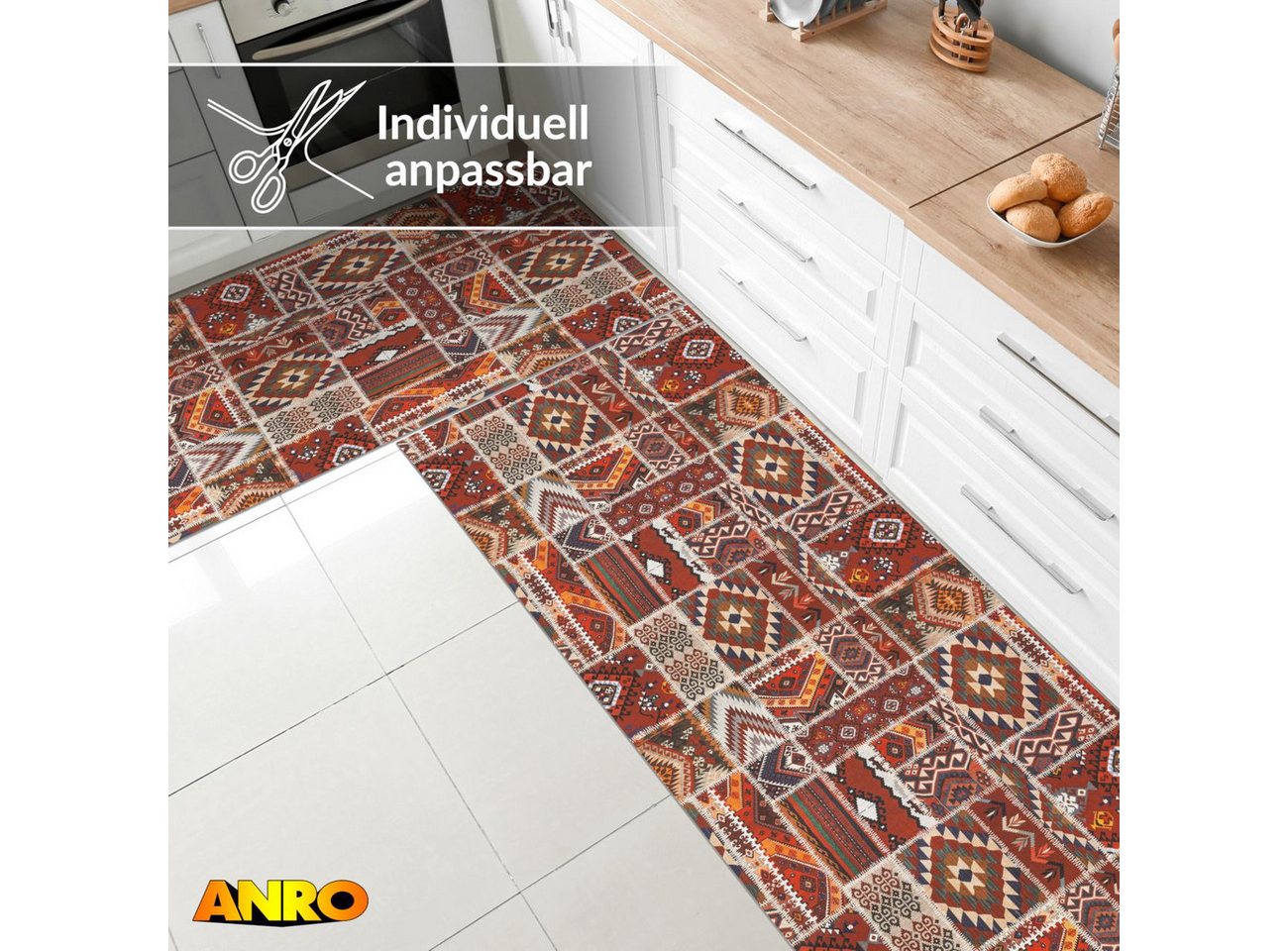 ANRO Küchenläufer Premium Boho RANNA Läufer Küchenteppich Stoff-Teppich, Rechteckig, Höhe: 3 mm, Stoff schmutzabweisend 67x100cm Patchwork Rot robust