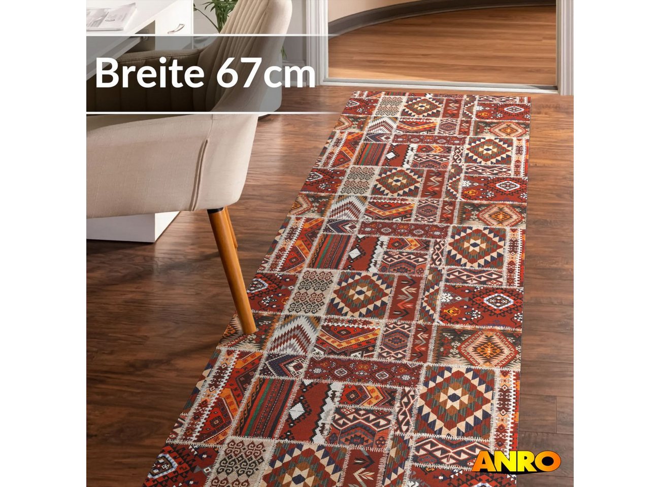 ANRO Küchenläufer Premium Boho RANNA Läufer Küchenteppich Stoff-Teppich, Rechteckig, Höhe: 3 mm, Stoff schmutzabweisend 67x100cm Patchwork Rot robust Bild 2
