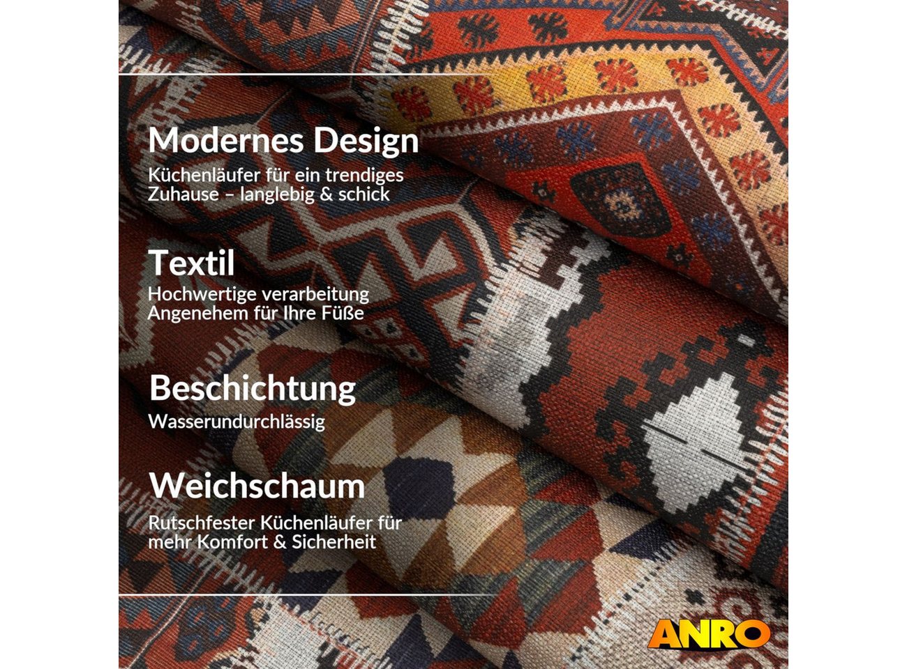 ANRO Küchenläufer Premium Boho RANNA Läufer Küchenteppich Stoff-Teppich, Rechteckig, Höhe: 3 mm, Stoff schmutzabweisend 67x100cm Patchwork Rot robust Bild 3