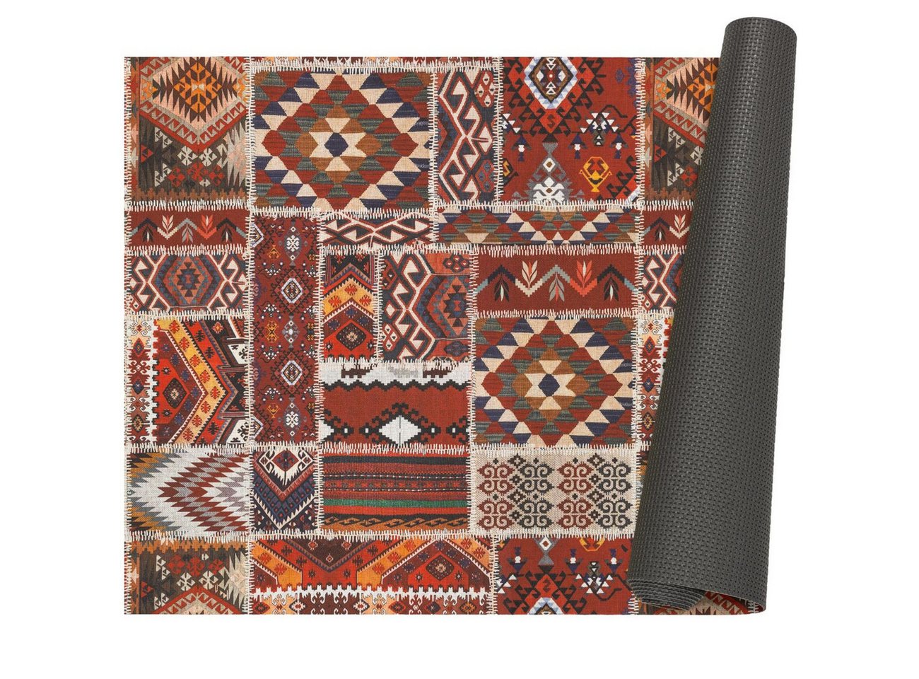 ANRO Küchenläufer Premium Boho RANNA Läufer Küchenteppich Stoff-Teppich, Rechteckig, Höhe: 3 mm, Stoff schmutzabweisend 67x100cm Patchwork Rot robust Bild 4