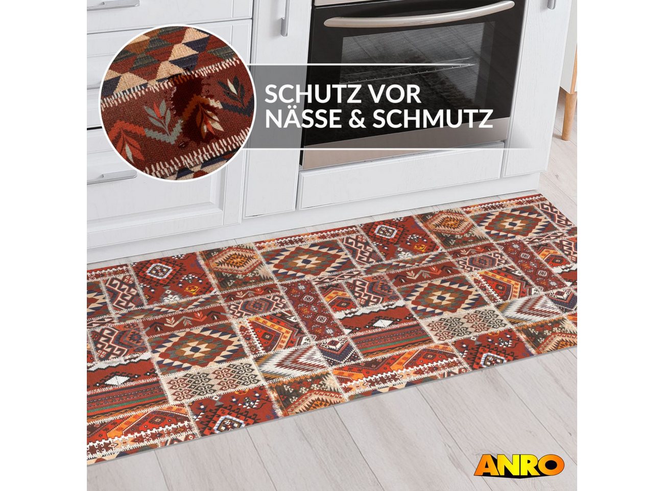 ANRO Küchenläufer Premium Boho RANNA Läufer Küchenteppich Stoff-Teppich, Rechteckig, Höhe: 3 mm, Stoff schmutzabweisend 67x100cm Patchwork Rot robust Bild 5
