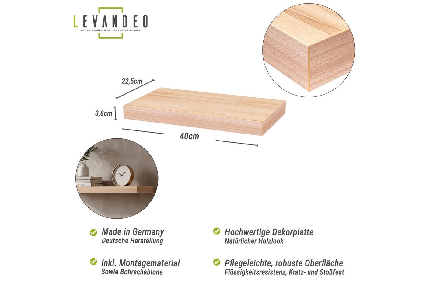 Levandeo® Wandregal, Wandboard Bobby 40cm Kernbuche - Wandregal Regal Board Bord Bild 5