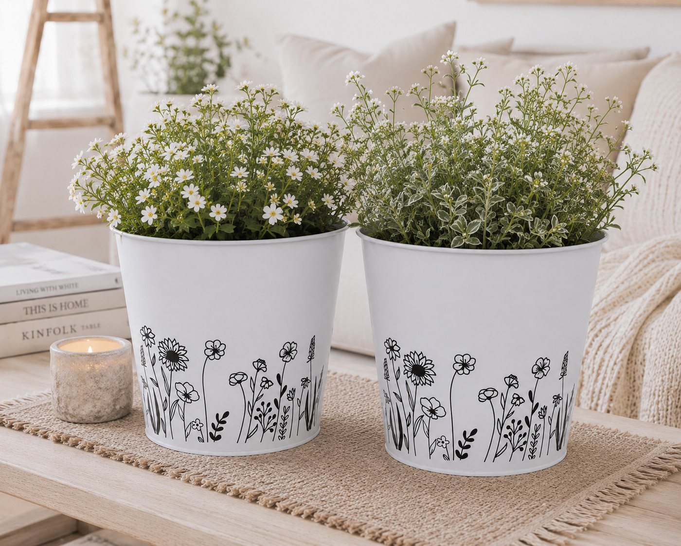 finehomegarden Übertopf Blumentopf Metall mit Blumenmotiv Weiß Pflanztopf Ø14cm H13cm (Set, 2 St., 2er-Set), Ø16x H15cm Übertopf für Zimmerpflanzen, 2Größen wählbar