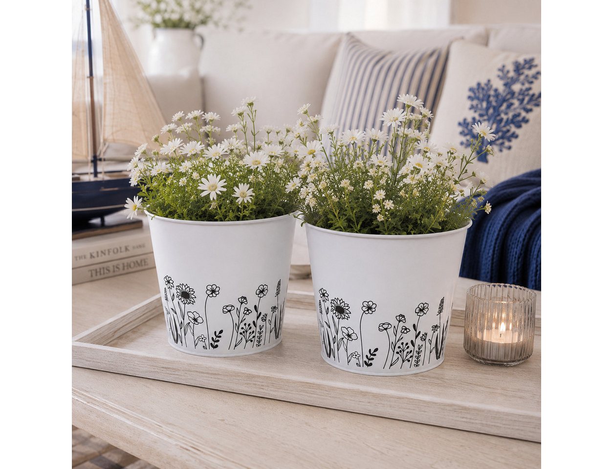finehomegarden Übertopf Blumentopf Metall mit Blumenmotiv Weiß Pflanztopf Ø14cm H13cm (Set, 2 St., 2er-Set), Ø16x H15cm Übertopf für Zimmerpflanzen, 2Größen wählbar Bild 2