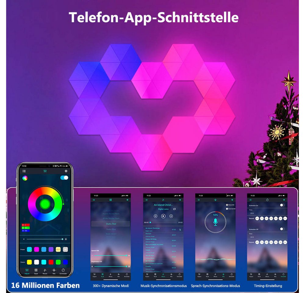 Lapamax LED Wandleuchte Modulare RGBIC LED-Wandpaneele mit Bluetooth-App und Musikmodus, Farbwechsel, dimmbar, Musiksynchronisation und Timer, LED, RGBIC, mehrfarbig, Sechseckige Lichtmodule frei kombinierbar, mit Fernbedienung und USB