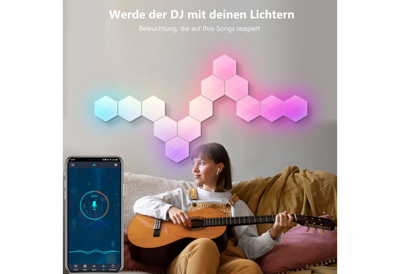 Lapamax LED Wandleuchte Modulare RGBIC LED-Wandpaneele mit Bluetooth-App und Musikmodus, Farbwechsel, dimmbar, Musiksynchronisation und Timer, LED, RGBIC, mehrfarbig, Sechseckige Lichtmodule frei kombinierbar, mit Fernbedienung und USB Bild 3