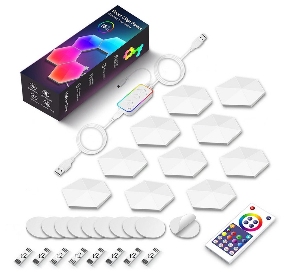 Lapamax LED Wandleuchte Modulare RGBIC LED-Wandpaneele mit Bluetooth-App und Musikmodus, Farbwechsel, dimmbar, Musiksynchronisation und Timer, LED, RGBIC, mehrfarbig, Sechseckige Lichtmodule frei kombinierbar, mit Fernbedienung und USB Bild 4