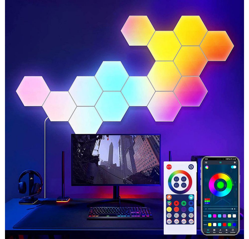 Lapamax LED Wandleuchte Modulare RGBIC LED-Wandpaneele mit Bluetooth-App und Musikmodus, Farbwechsel, dimmbar, Musiksynchronisation und Timer, LED, RGBIC, mehrfarbig, Sechseckige Lichtmodule frei kombinierbar, mit Fernbedienung und USB Bild 5
