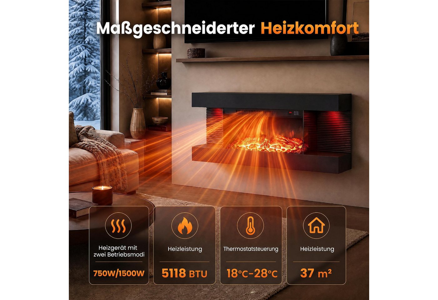 COSTWAY Elektrokamin Wandkamin mit LED-Seitenlichtern, 3D-Flammeneffekt