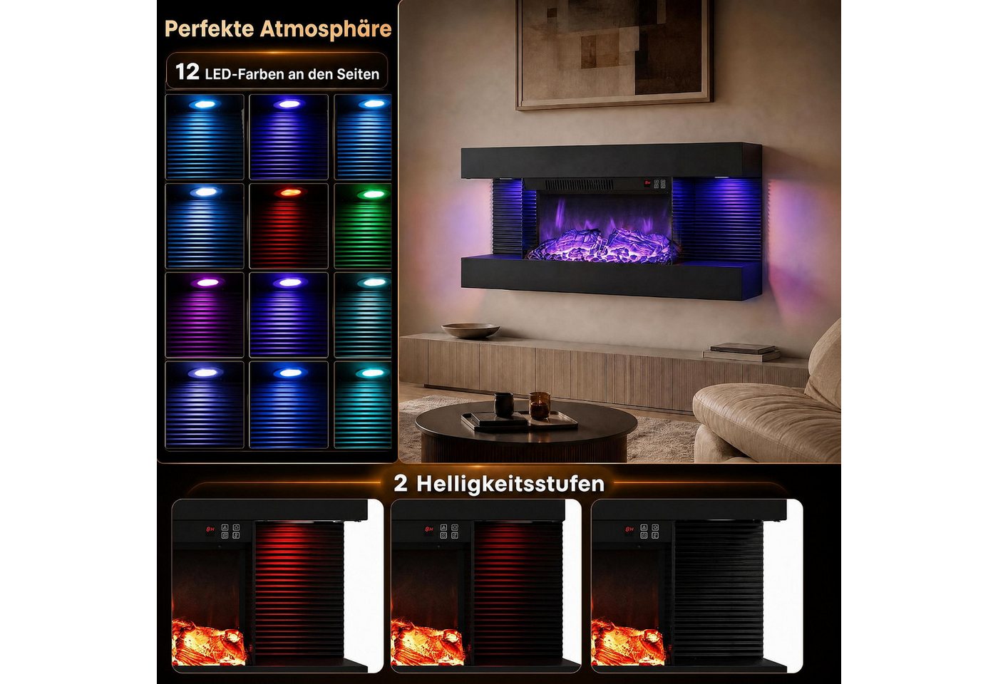 COSTWAY Elektrokamin Wandkamin mit LED-Seitenlichtern, 3D-Flammeneffekt Bild 2