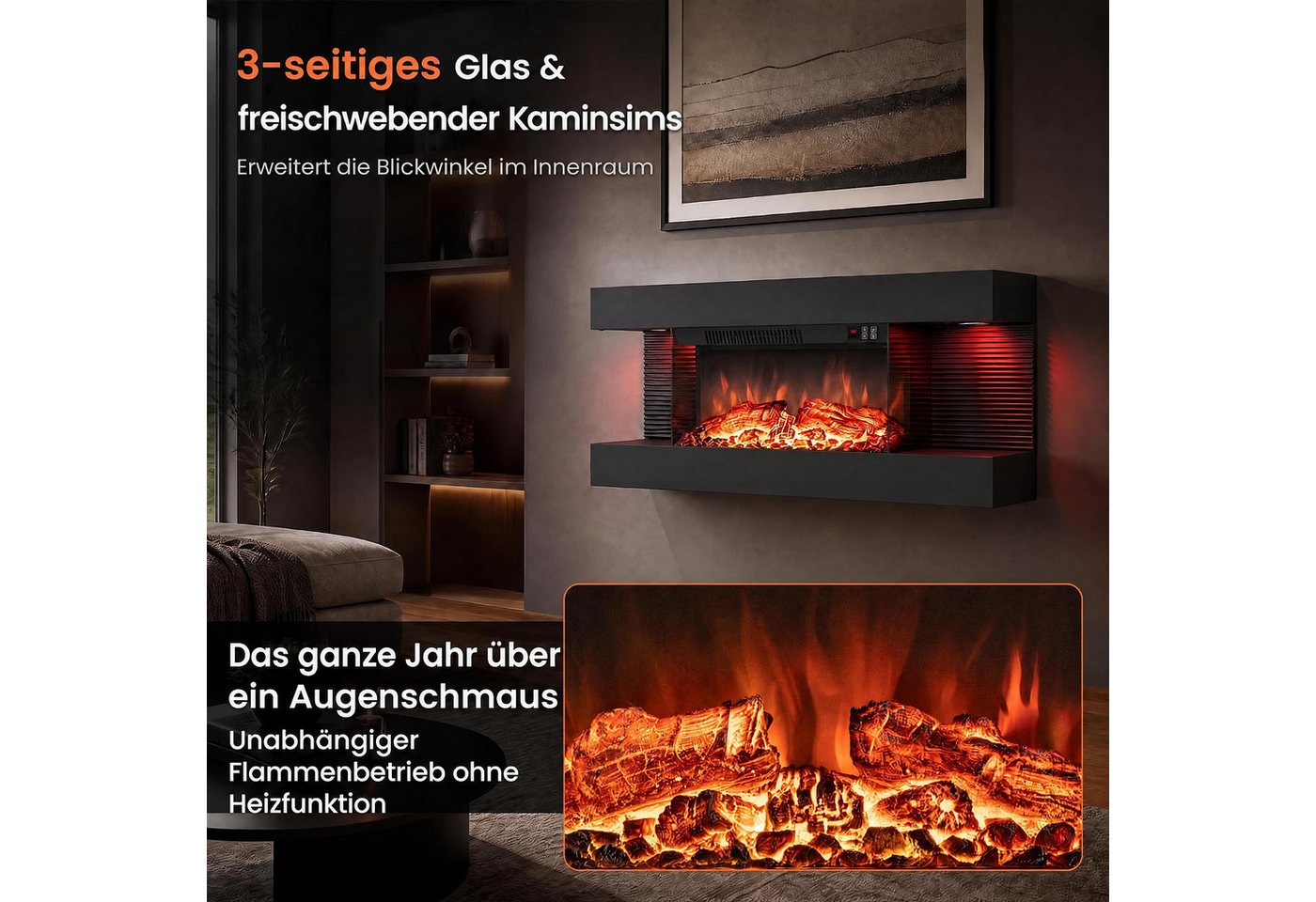 COSTWAY Elektrokamin Wandkamin mit LED-Seitenlichtern, 3D-Flammeneffekt Bild 3