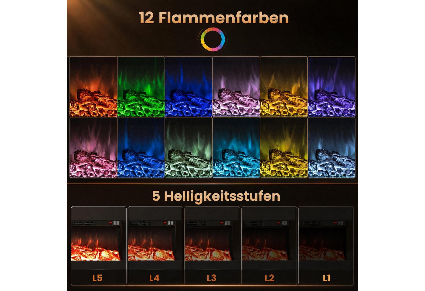 COSTWAY Elektrokamin Wandkamin mit LED-Seitenlichtern, 3D-Flammeneffekt Bild 4