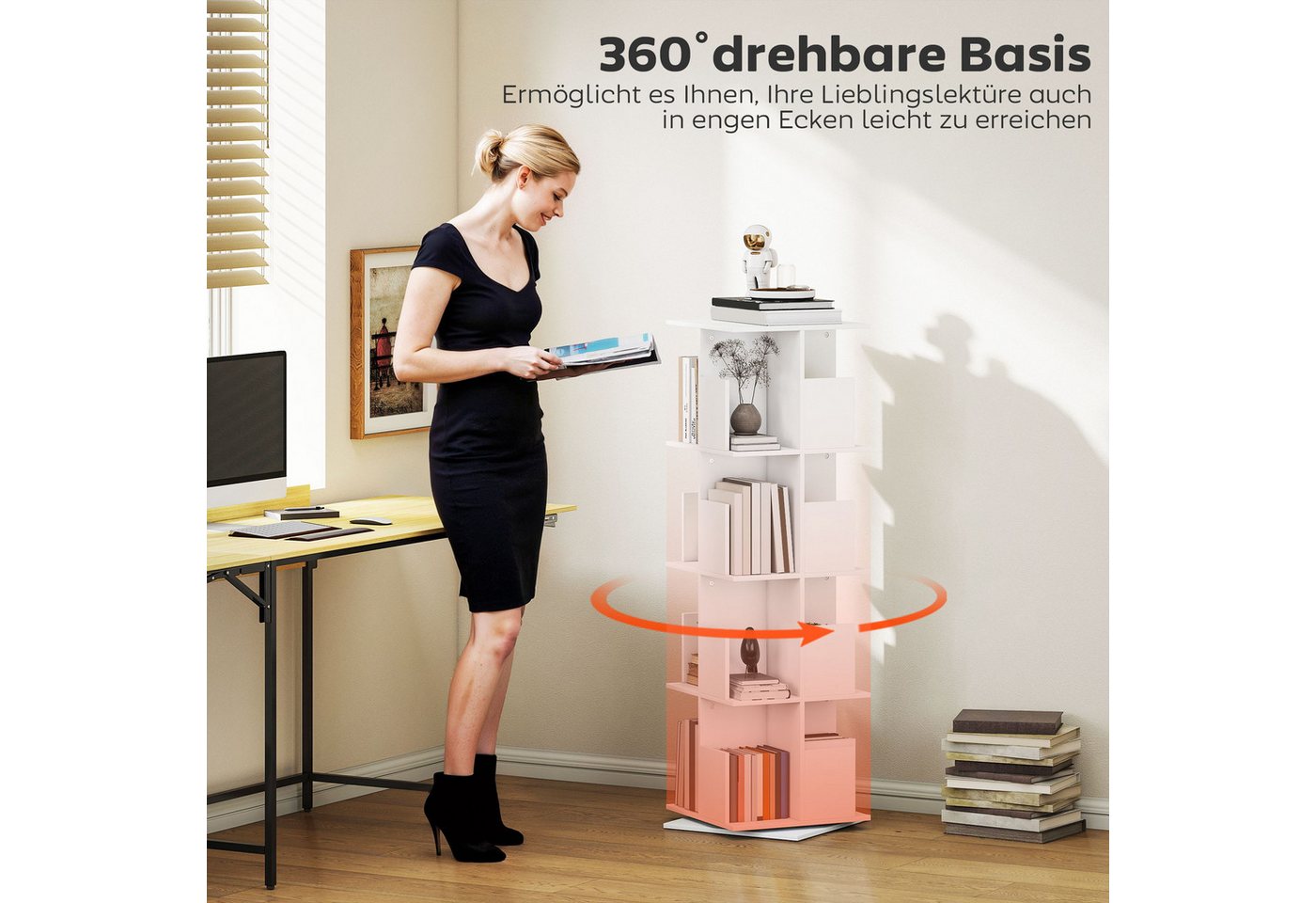 HOMCOM Bücherregal Dekoregal Regal 4 Ebenen, 16 Fächern für Schlafzimmer, Wohnzimmer, Standregale 1-tlg., 360° drehbare Basis, Weiß