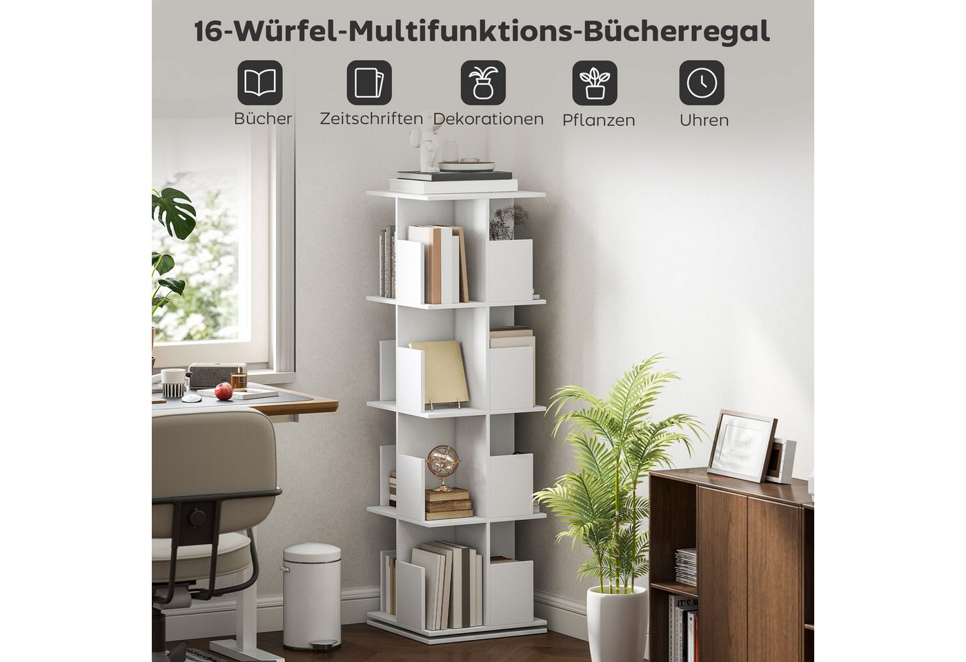 HOMCOM Bücherregal Dekoregal Regal 4 Ebenen, 16 Fächern für Schlafzimmer, Wohnzimmer, Standregale 1-tlg., 360° drehbare Basis, Weiß Bild 3